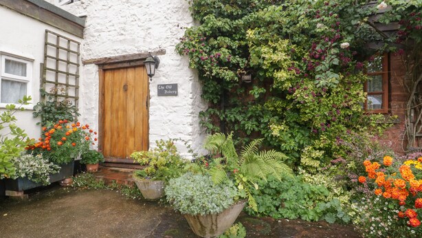 A rustic building with a wooden door, a sign reading "The Old Bakery," and a garden with various plants and flowers. - The Old Bakery (Taunton)