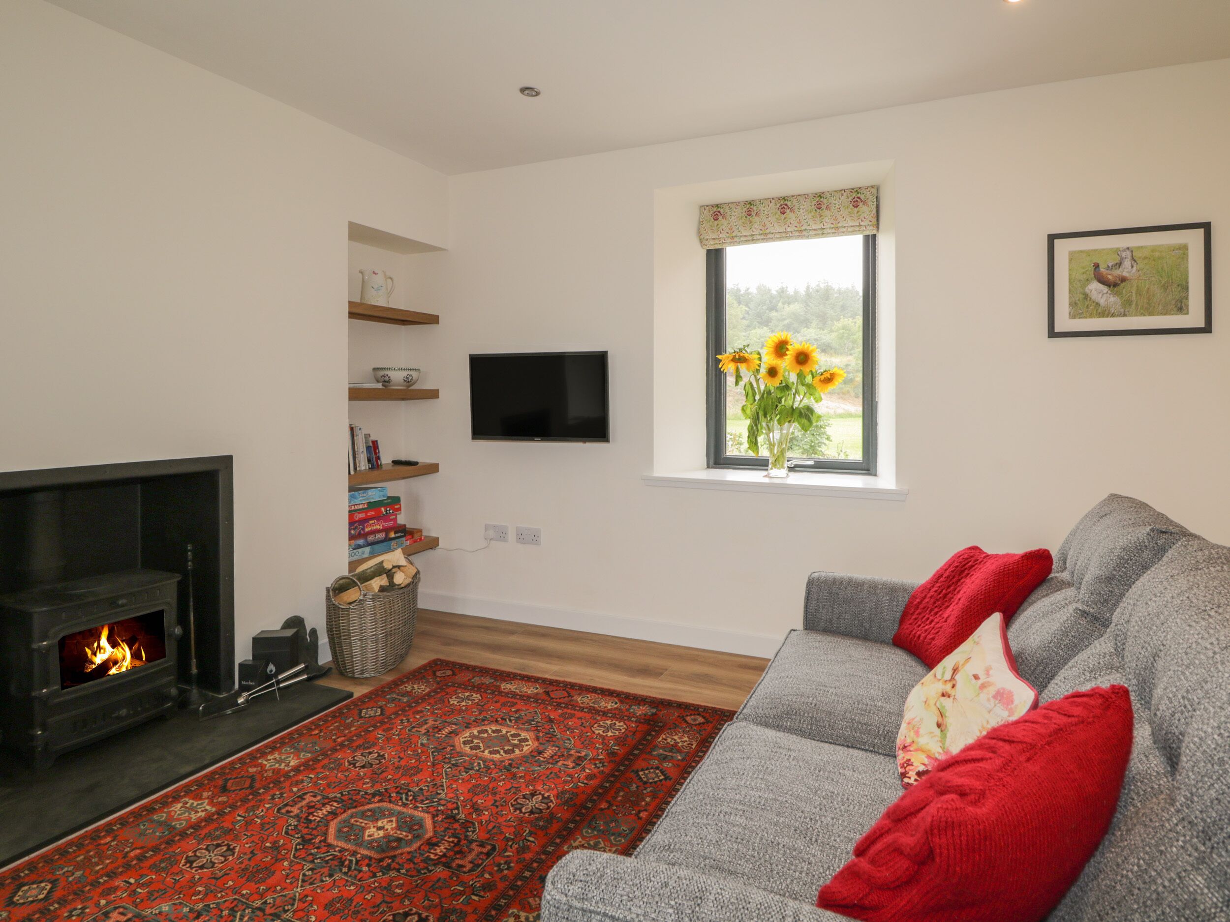 A living room with a fireplace, a grey sofa with red cushions, a red patterned rug, a bookshelf, and a window with a view of greenery.