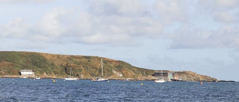 A coastal scene with boats, a lighthouse, and a building on a hill.