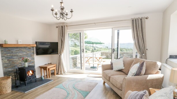 A cozy living room with a fireplace, a sofa, a TV, and a view of the outdoors. - Y Stabl (Llanrwst)