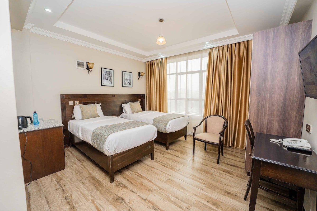 Habitación Deluxe con 2 camas individuales | Espacio para trabajar con laptop, insonorización y wifi gratis