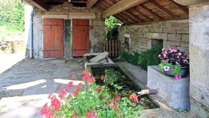 Un bâtiment rustique en pierre, avec des poutres en bois, un mur de pierre et un petit étang planté de végétaux aquatiques.