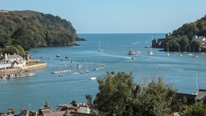 A coastal town with a marina filled with boats, surrounded by hills and houses. - 21 Above Town (Dartmouth)