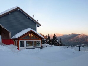 Una casa con tetto spiovente ricoperto di neve, una dependance in legno e uno sfondo montuoso.