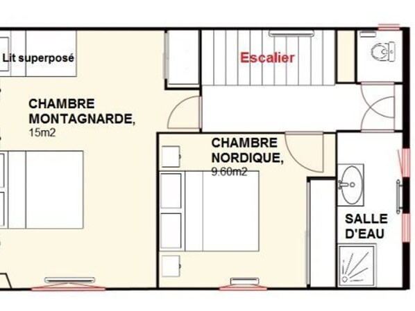 Planta baixa de um hotel, mostrando um quarto Montagnarde com 15m2, um quarto Nordique com 9,6m2, um banheiro e uma escada.