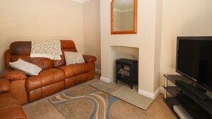A living room with a brown leather sofa, a fireplace, a television, and a mirror on the wall. - 1 Paythorne Farm Cottages (Henfield)