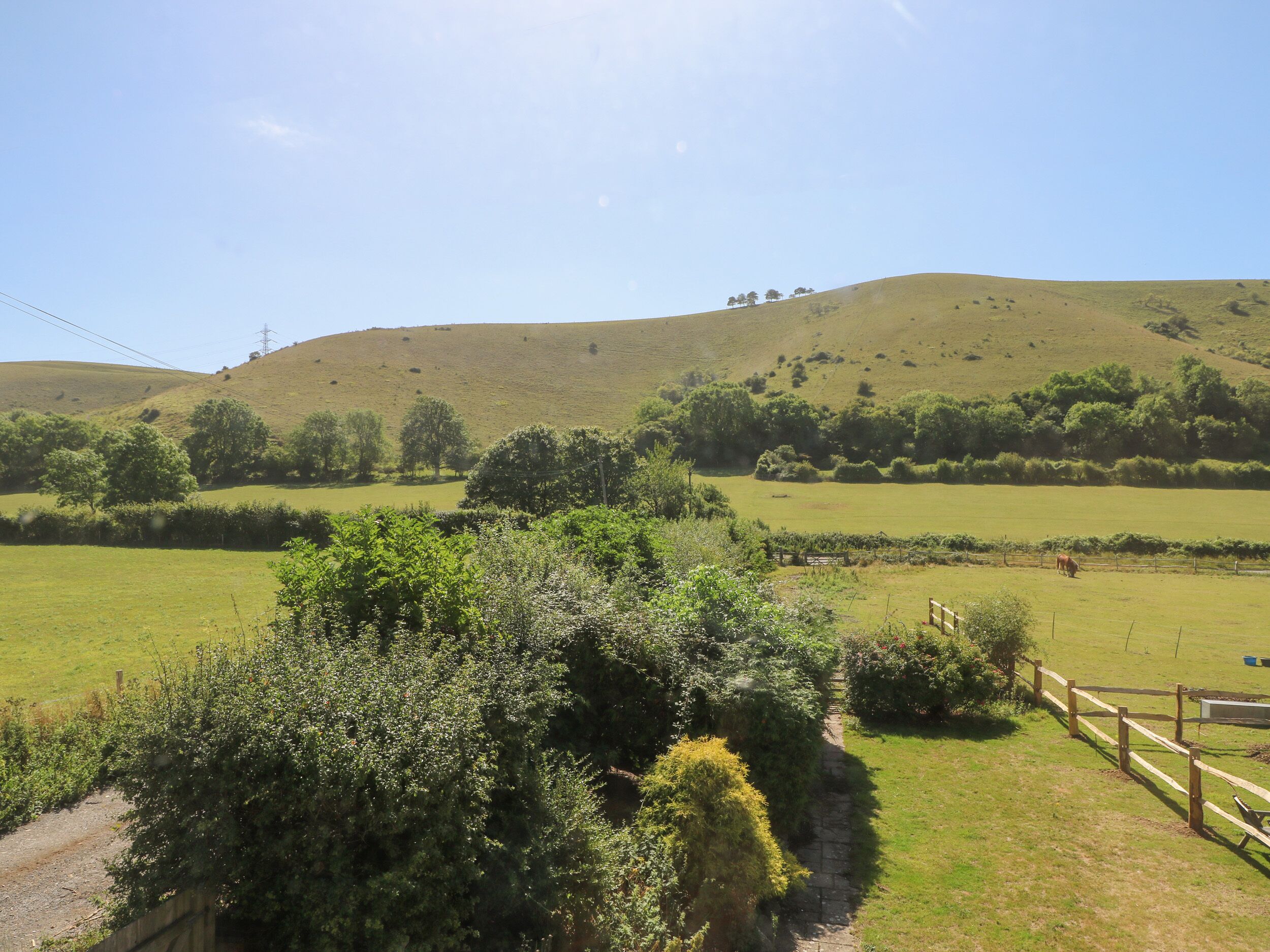 A rural landscape with rolling hills, a clear sky, and a fenced area with a cow.