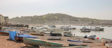 A beach with numerous boats docked and a sandy shore.