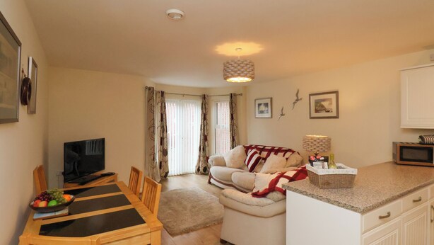 A compact living space with a dining area, a sofa, a television, and a kitchen counter. - Cadliam (Whitby)