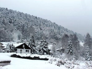 A snow-covered landscape with a house surrounded by trees.