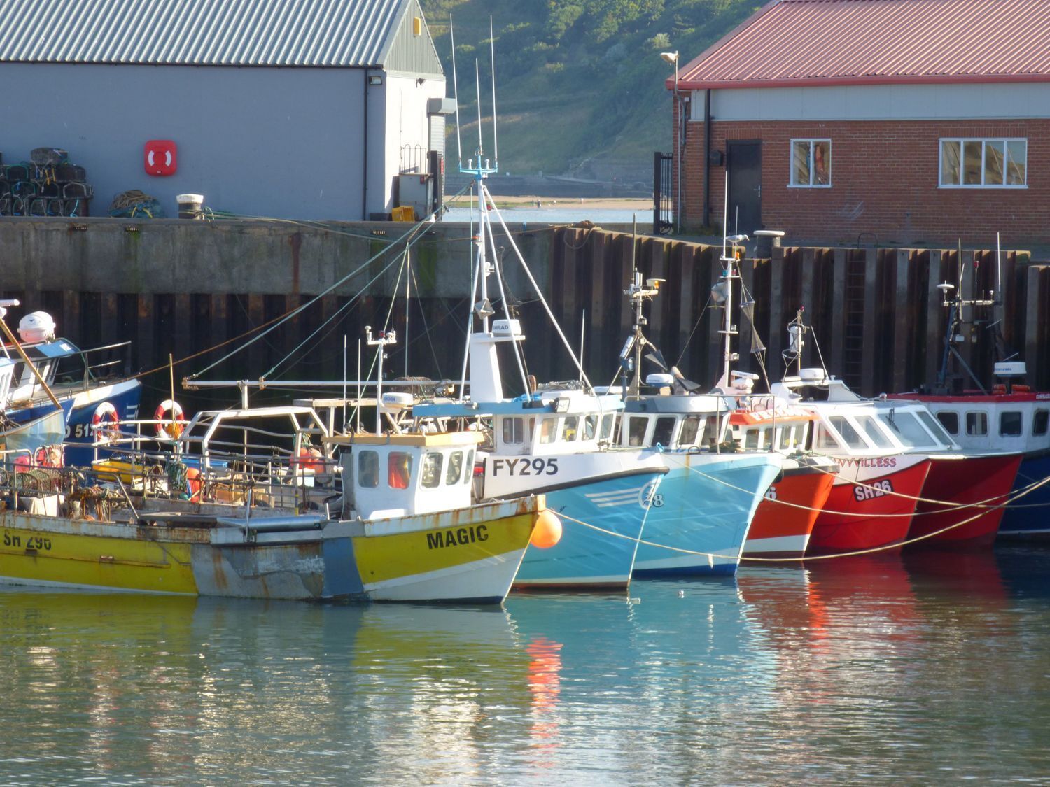 A marina with several boats docked, including a yellow and blue boat named 'MAGIC' and a red and white boat named 'SH26'.