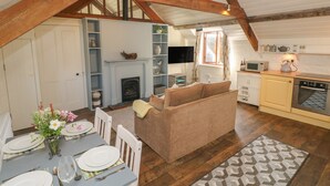 Een gezellig loft met een woonruimte, eethoek, open haard, bank en kitchenette.