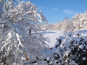 A snow-covered landscape with trees and a house.