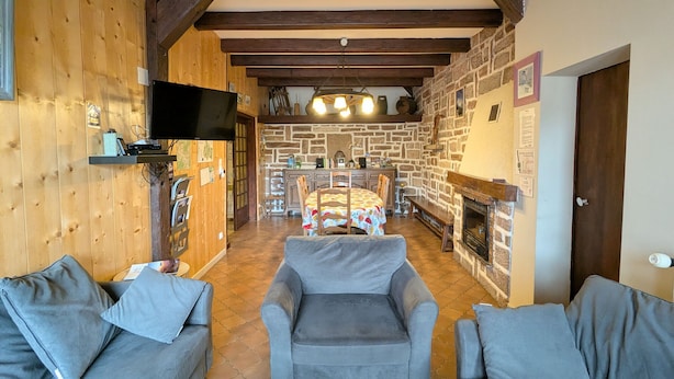 A cozy room with wooden walls, a fireplace, a dining area, and two grey sofas. - Spacious Rustic Cottage with Terrace, Close to Gérardmer – Ideal for Families (Granges-Aumontzey-Aumontzey)