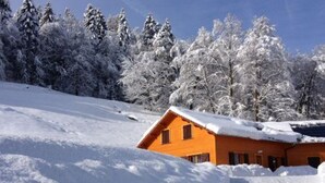 A snow-covered landscape with a wooden cabin. - Chalet confortable avec sauna privé, grande terrasse et accès piscine - Montagne tranquille (Ferdrupt)
