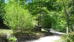 A dirt path surrounded by lush green trees and a stone wall. - Cozy Chalet Near Ski Slopes and Lake, Sleeps 7, WiFi, Fireplace, Large Garden, Garage (Le Menil)