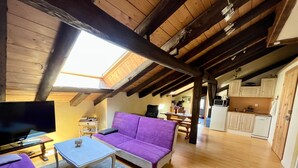 A cozy loft-style room with a wooden ceiling, a purple sofa, a small table, and a TV. - Charming studio in farmhouse with terrace and parking - Vosges mountains (Le Menil)