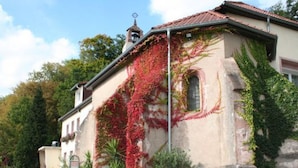 Ein Gebäude mit einem Ziegeldach, einem Glockenturm und einer mit Efeu bewachsenen Fassade.
