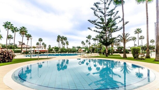 A large, clear swimming pool surrounded by palm trees and a well-maintained lawn.