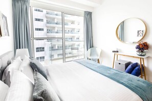 1 bedroom, laptop workspace, iron/ironing board, bed sheets
