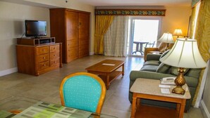 A hotel room with a television, wooden wardrobe, sofa, coffee table, and a small dining table. - 2 Bdrm intercostal Water View @ Fort Lauderdale Beach Resort, FL (Fort Lauderdale)