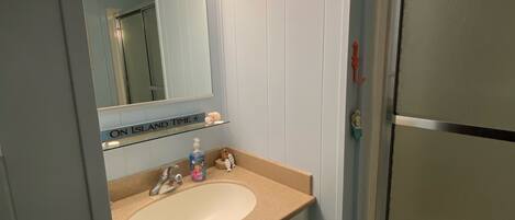 A bathroom with a sink, mirror, and shower.