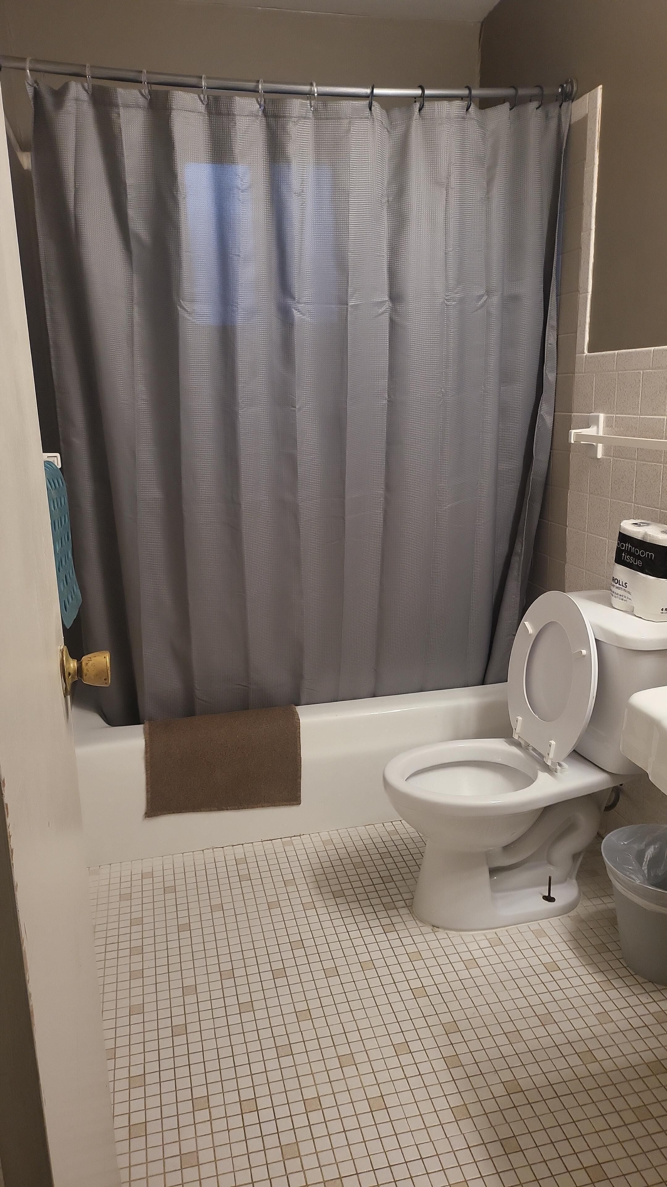 A bathroom with a shower curtain, a toilet, a towel, and a trash bin.