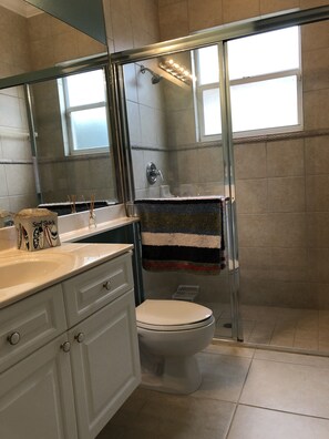 Ein Badezimmer mit Duschkabine aus Glas, Toilette, Waschbecken mit Spiegel und Handtuchhalter.