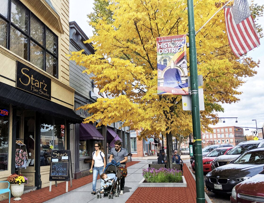 A street scene with a hair salon named 'Starz Hair Studio' and a 'National Register of Historic District' sign.