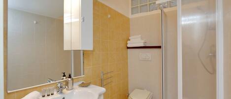 A bathroom with a sink, mirror, toilet, and shower.