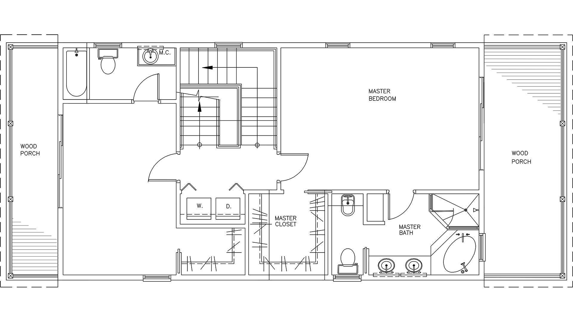 A floor plan of a master bedroom with a master closet, bathroom, and wood porch.