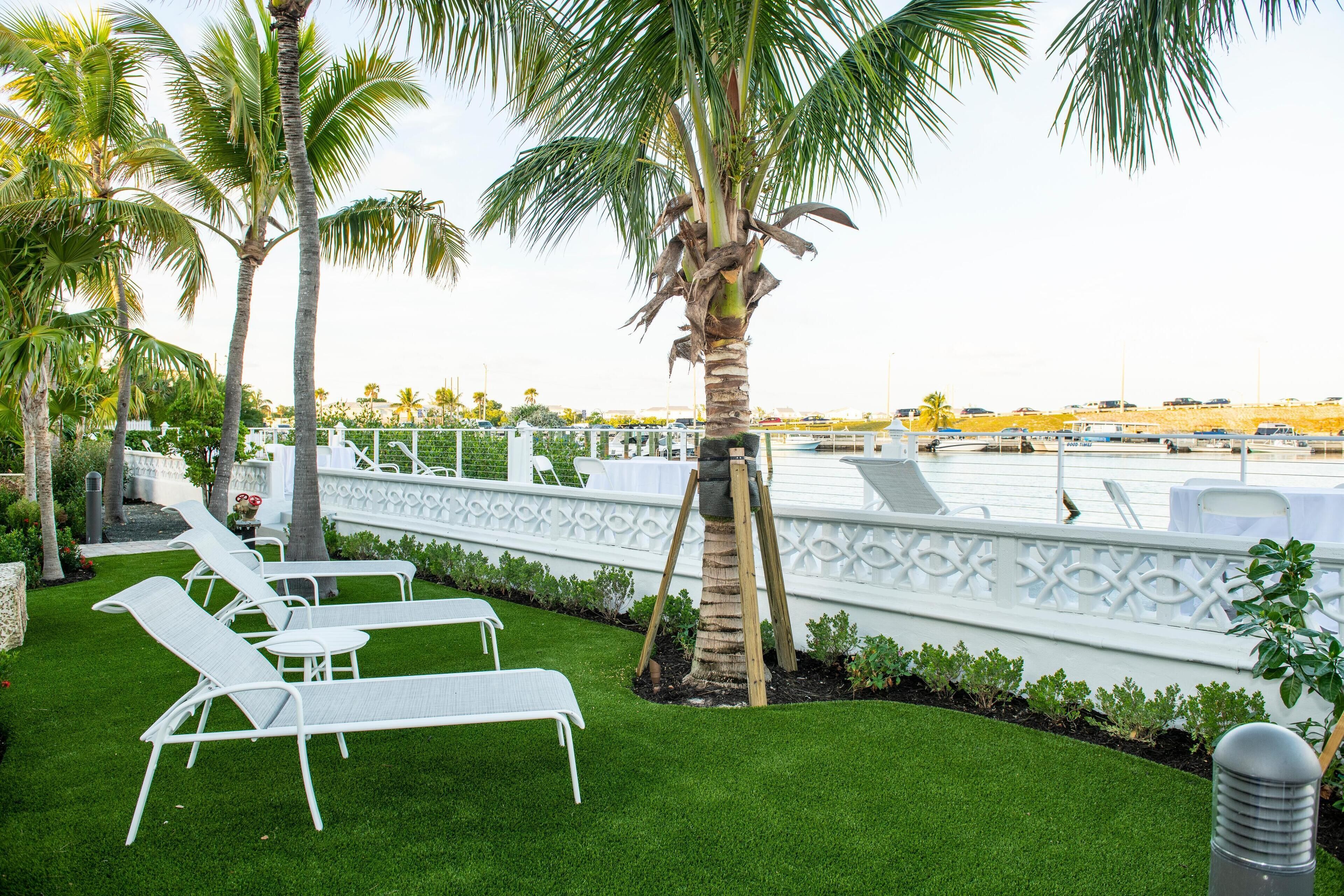 A poolside area with lounge chairs, palm trees, and a view of the marina.