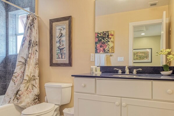 A bathroom with a toilet, sink, and shower curtain.