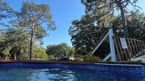 Une piscine dont le bord est revêtu de carrelage, entourée d’arbres et délimitée par une clôture en bois.