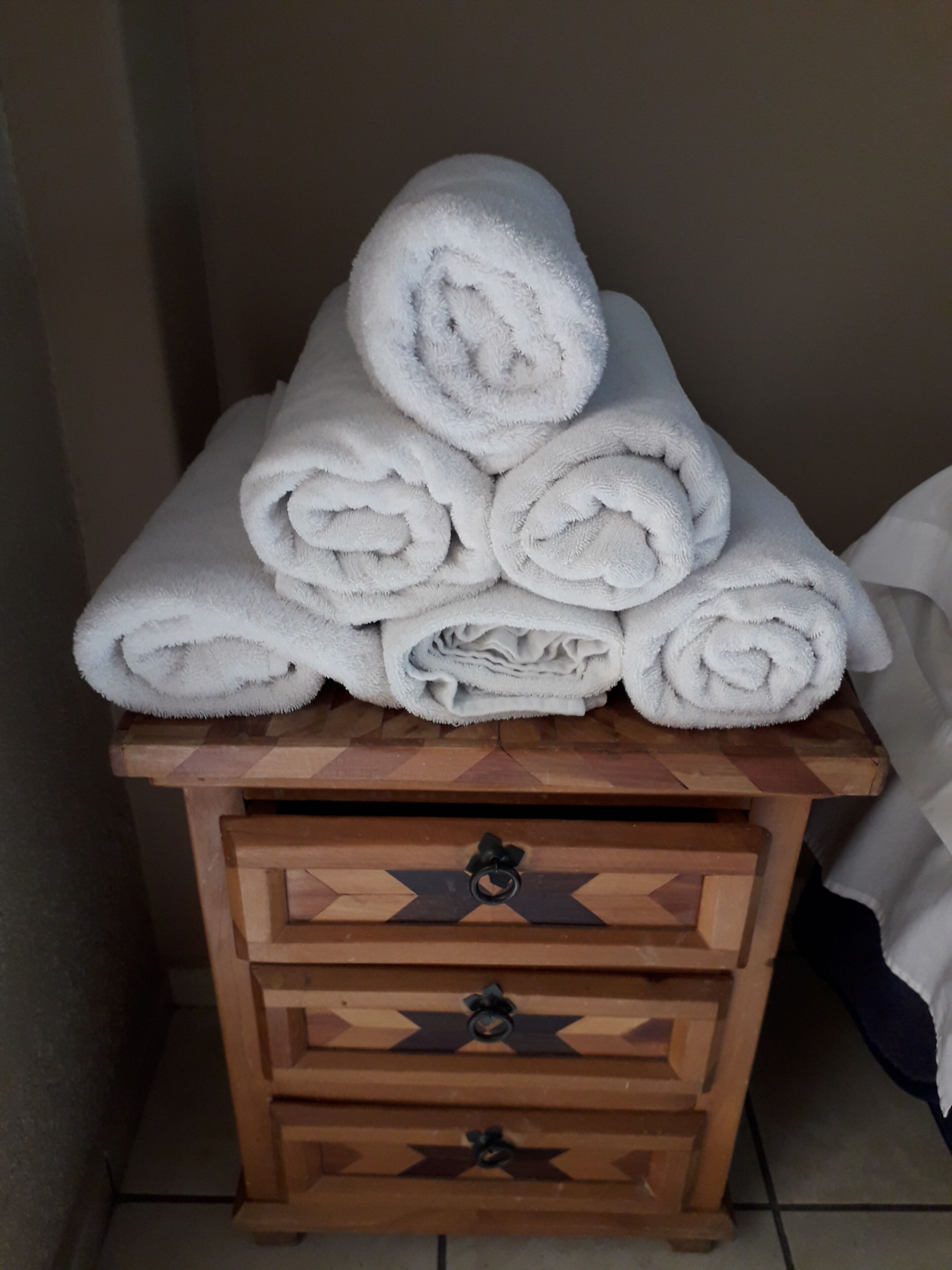 Hair dryer, towels, soap, shampoo