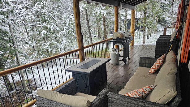 Eine überdachte Terrasse mit Korbmöbeln, einem Grill und Blick auf schneebedeckte Bäume.