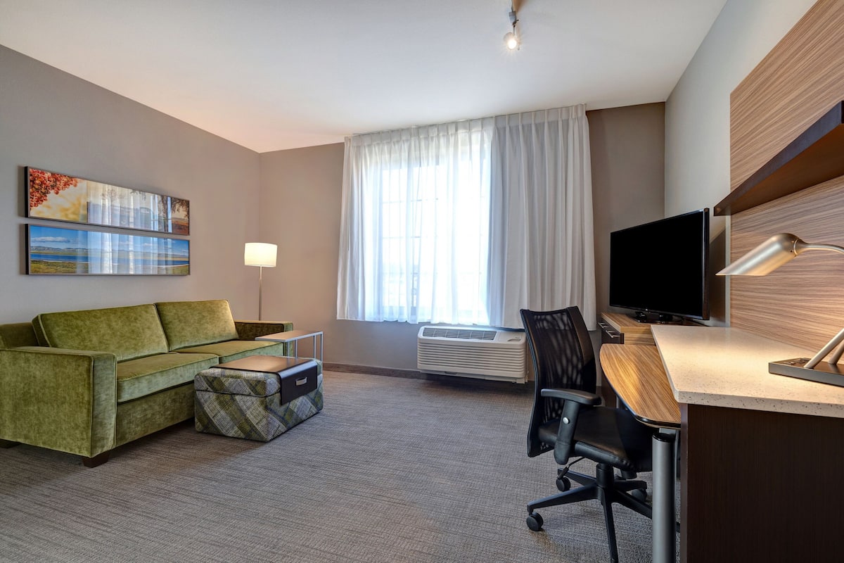Une chambre d’hôtel avec un canapé vert, une petite table, un bureau avec un ordinateur et une lampe, un téléviseur à écran plat et une grande fenêtre avec des rideaux.