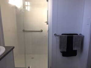 Shower, towels, soap, toilet paper