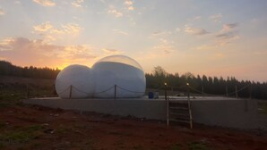 A spherical structure with a rope barrier, surrounded by a concrete platform and a wooden fence, set against a backdrop of trees and a sunset sky. - Africa's first Bubble Acomidation  (Piet Retief)