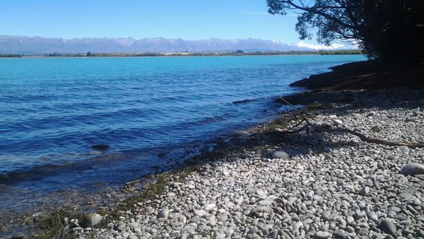 A clear view of a lake with a pebbly shore and distant mountains. - kopuha Small Batch 
Not available at the moment (Tekapo)