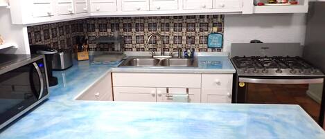 Full-sized fridge, microwave, oven, stovetop