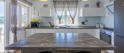 Villa | Private kitchen | Fridge, microwave, oven, stovetop