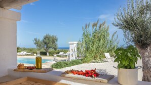 Eine Terrasse mit Pool, Sitzgelegenheit im Freien und einem Blumentopf.