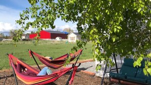 Deux hamacs sous un arbre, un banc vert et, au fond, une grange rouge.