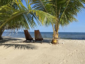 A beach with two wooden lounge chairs under palm trees, a sandy shore, and the ocean in the background.