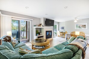 Flat-screen TV, fireplace, DVD player