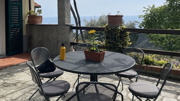 Een terras buiten met een ronde tafel en vier stoelen, een gele waterfles en een potplant.