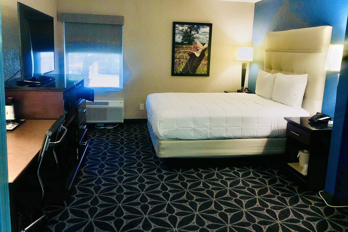 A hotel room with a bed, a desk, a chair, a lamp, and a painting on the wall.