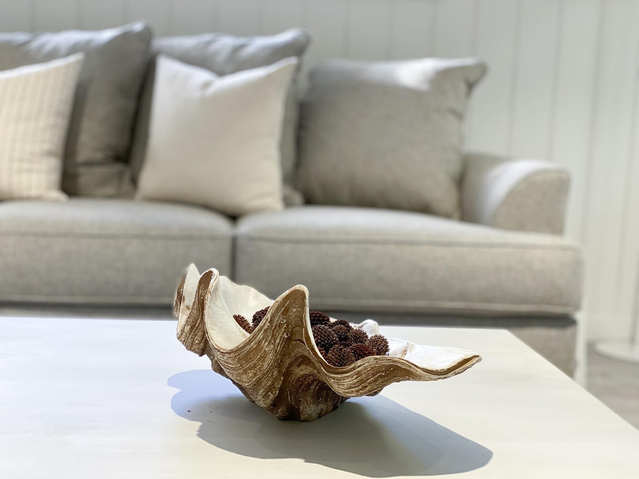 A seashell on a white table with a beige sofa in the background.
