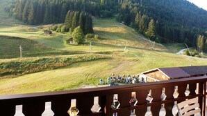 A mountainous landscape with a wooden deck overlooking a grassy field and a small building. - Charming Studio in Verdant Setting with Balcony, Sleeps 4 (Le Biot)